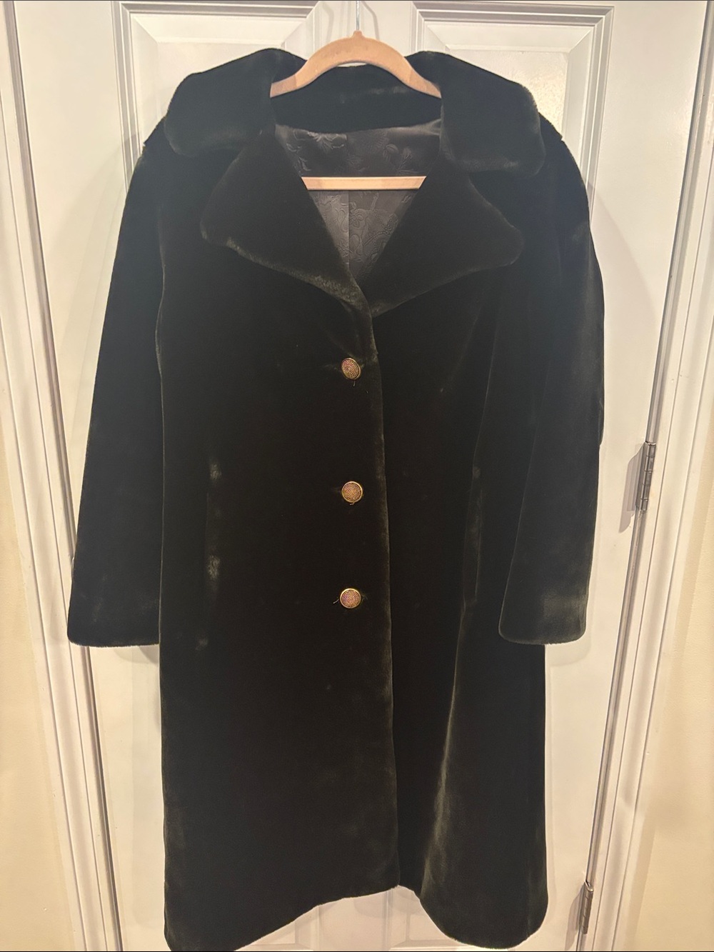 Vintage Black Faux Fur Coat with Gold Buttons